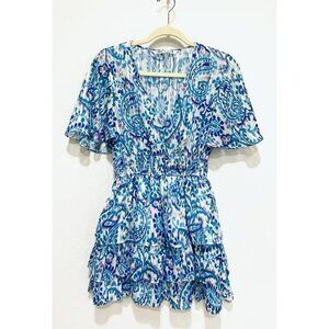 Zara Dress Womens Medium Blue Paisley Silver Metallic Tiered Smocked Waist Boho